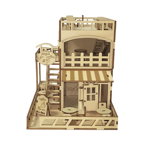 Wooden 3D architectural model creative DIY casual coffee house hand-assembled house decorations children's educational wooden house