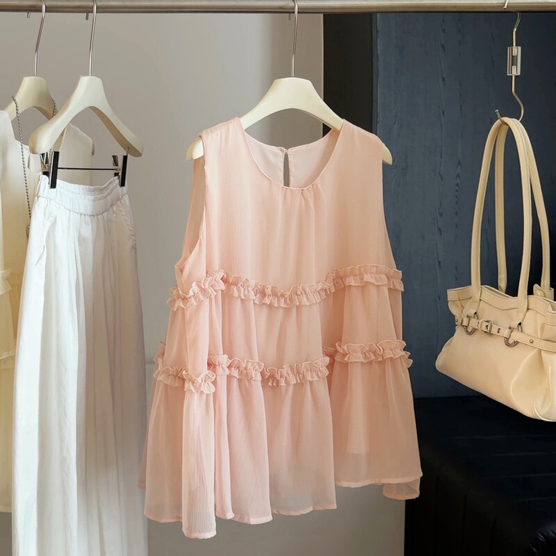 French-Style Patchwork Ruffle Sleeveless Shirt for Women, 2026 Summer New Loose Trendy Doll-Style Blouse Top