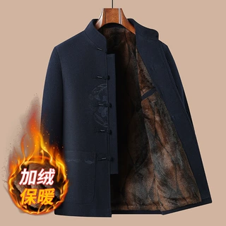 中老年新款唐装情侣加绒加厚外套老年人衣服过寿生日毛呢冬季棉衣
