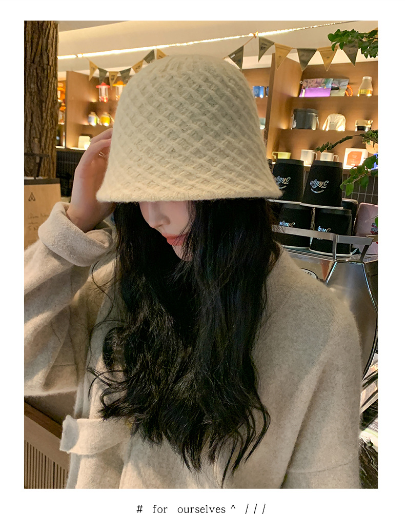 Outono e inverno novo chapéu de pescador feminino malha lã balde chapéu cor sólida simples placa de luz mostrar rosto pequeno_voghion.com