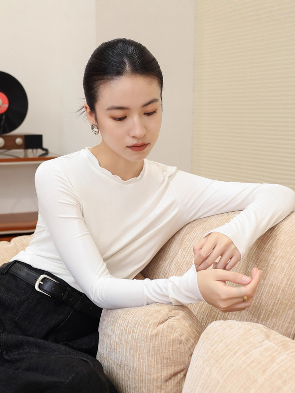 实力工厂超软肌底皮肤衣法式木耳边长袖T恤女修身桑蚕丝打底衫|undefined