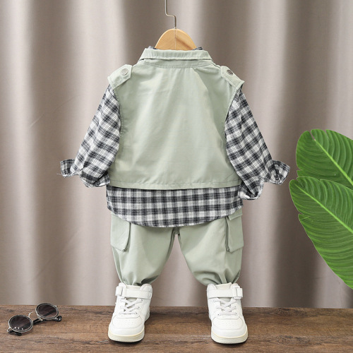 new boys spring and autumn long-sleeved plaid shirt casual trousers sleeveless vest three-piece foreign trade wholesale