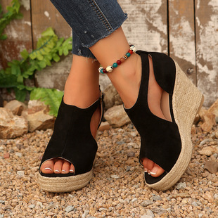 2025 Cross-border plus size Women's Shoes Thick-soled Wedge Fish-toe Sandals Women's One-word Buckle Suede Fashion Casual Sandals