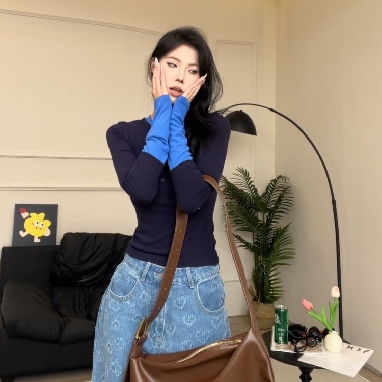 【人棉】撞色拼接长袖T恤女早秋2025新款修身设计感小众打底|undefined
