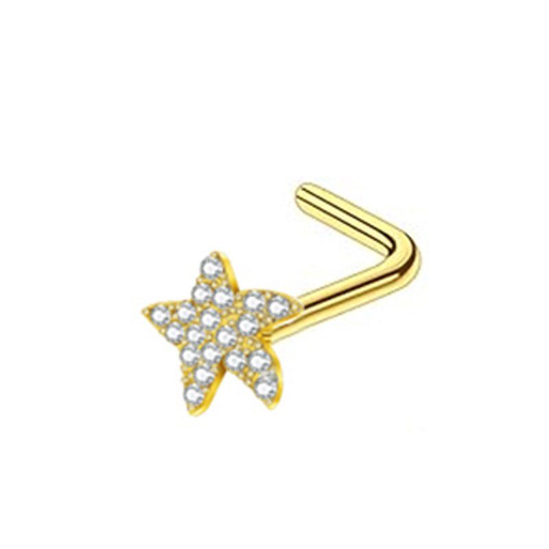 Stainless Steel Nose Stud With Zircon Stone L-shaped Piercing_voghion.com