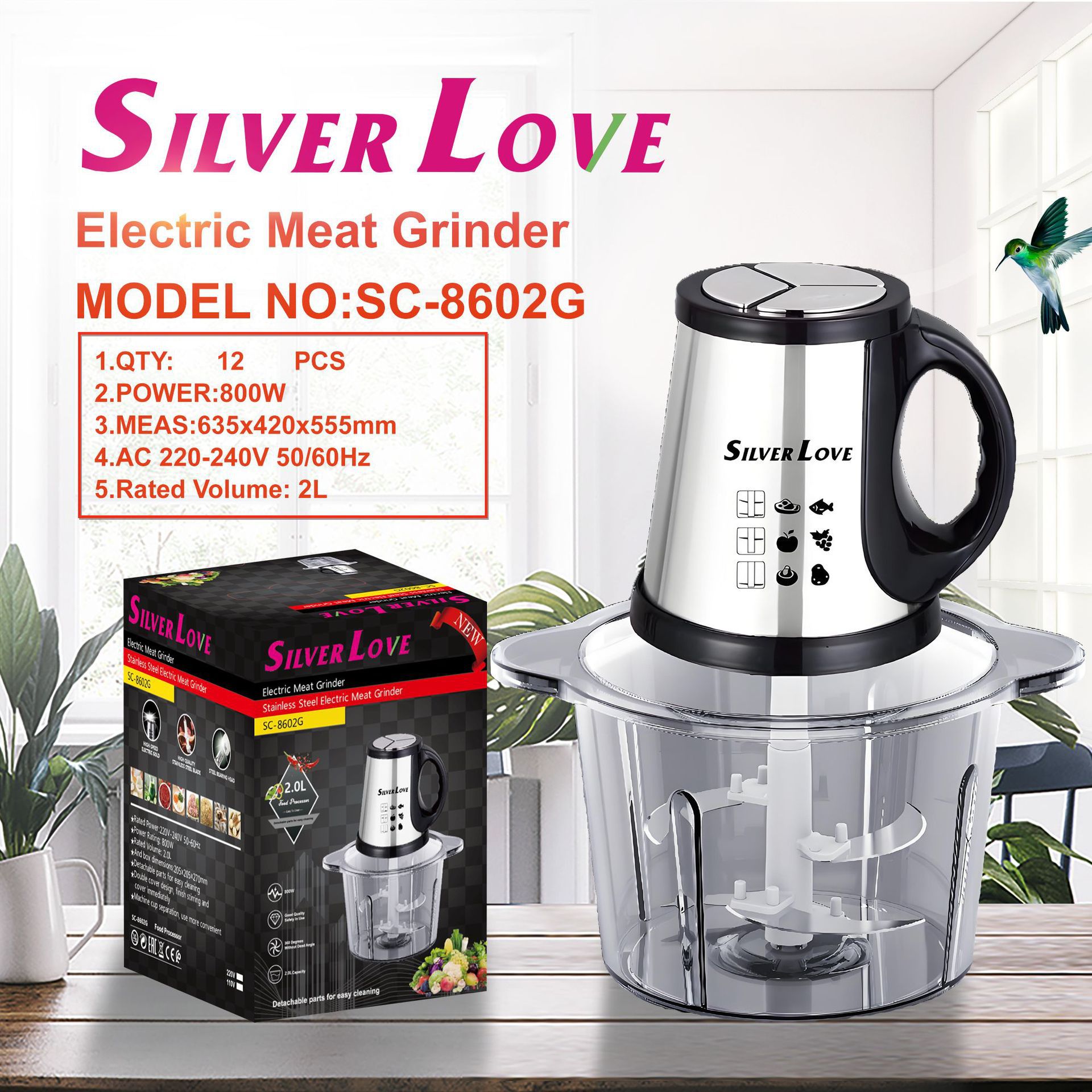 Comercio exterior exportación doméstica 2.0L moledor de carne de tazón de vidrio multifunción cocinador de cocina 800W alta potencia 3 botones de marcha