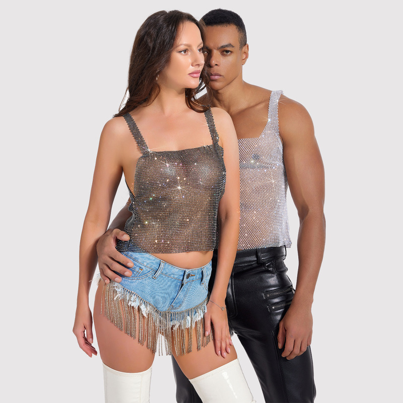 European and American Sexys' Tops, High-End Sparkling Diamond See-Through Suspender Tops for Women, Sexy Party Cut Out Hot Diamond Clothing