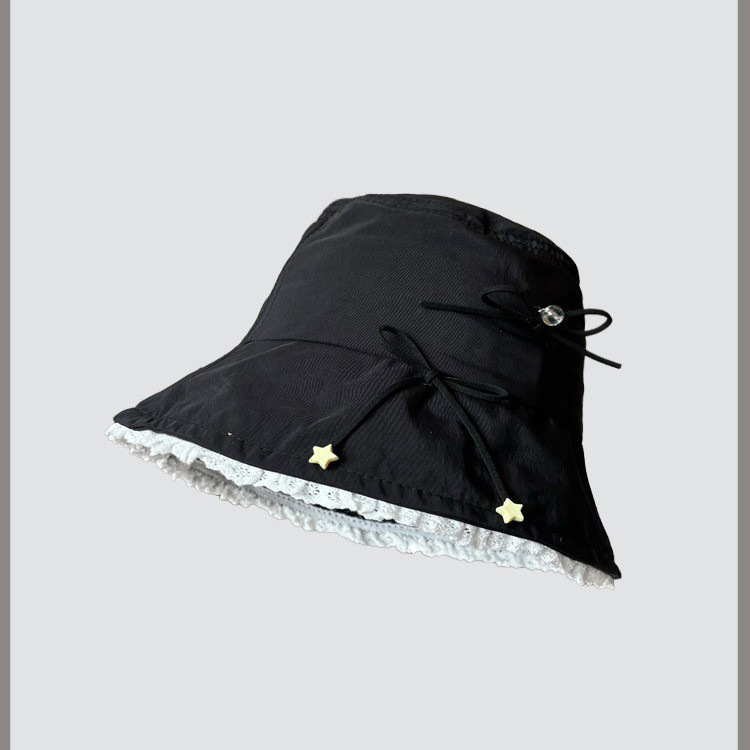 Sombrero de pescador de color sólido para mujeres primavera y otoño dulce lindo encaje arco gorra de cubo callejera cara pequeña gorra de bacon grande