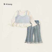 邦选织里童装女童套装碎花打底衫纯色吊带牛仔喇叭裤小童三件套潮