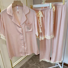 夏季新款仿真丝家居服女夏透气蕾丝短袖缎面性感冰丝睡衣三件套