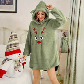 2025跨境欧美女装秋冬季新款泰迪绒保暖连帽卫衣圣诞图休闲套头衫