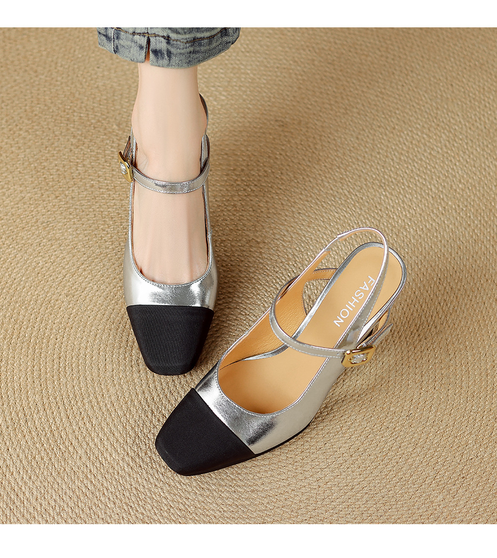 Sandal cao gót nữ mũi vuông quai ngang phong cách Chanel, gót xuồng 2026 — màu vàng, bạc chi tiết 7