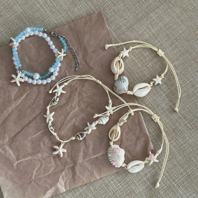 Ocean Vacation Style Starfish Natural Shell Conch Braided Rope Bracelet Niche Bohemian Style Beaded Hand Jewelry