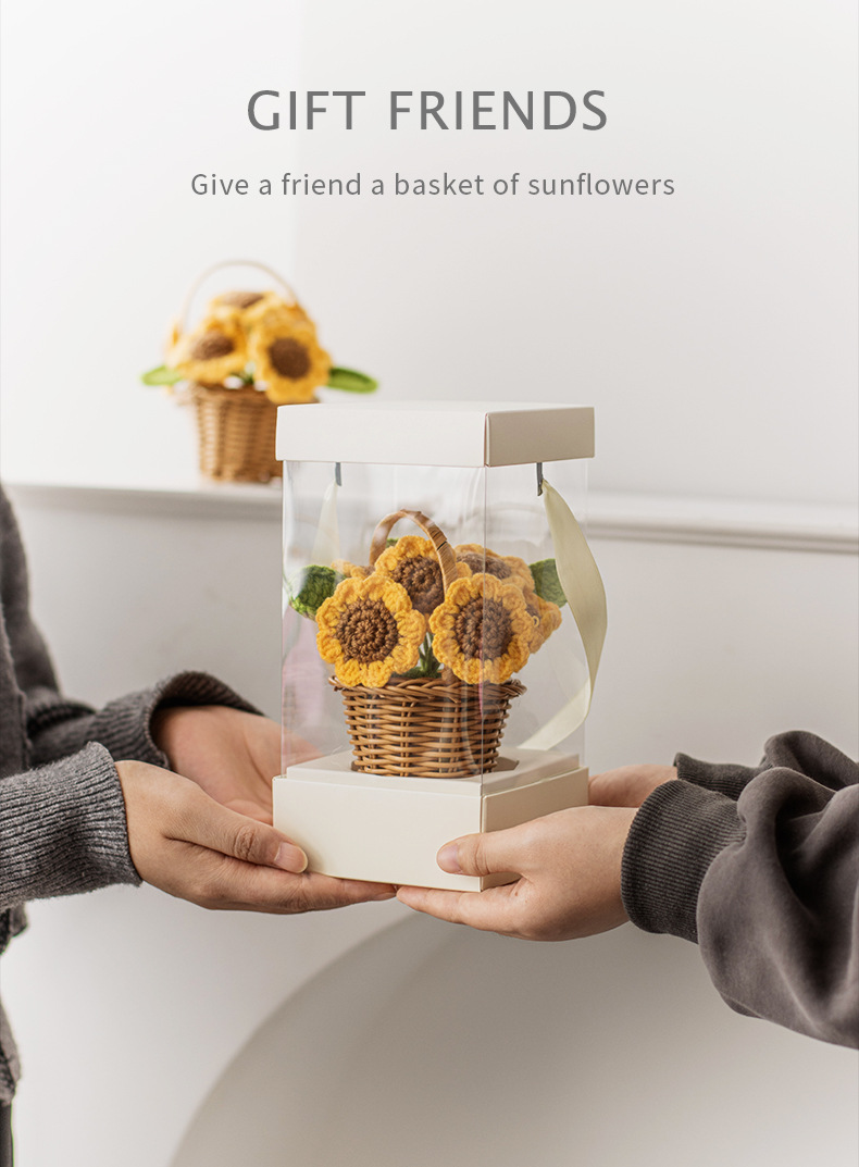 手工针织向日葵迷你花篮成品毛线仿真太阳花盆栽摆件节日礼品摆摊详情4