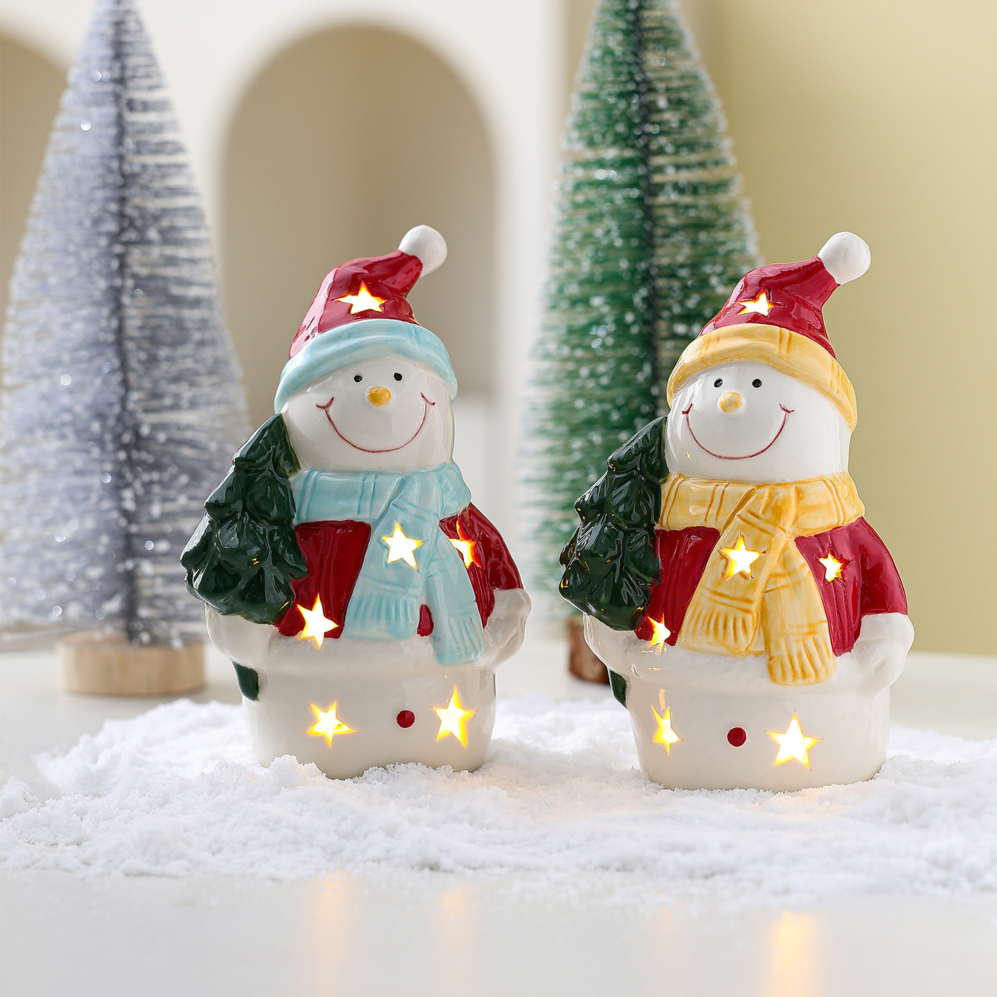 Christmas Ceramic Luminous Desktop Ornaments Christmas Tree Scarf Snowman Night Light Gift Scene Creative Layout
