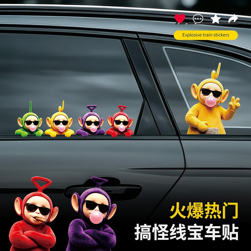 Funny and cute Teletubbies-themed car stickers, perfect for decorating electric vehicle windows and bodies, waterproof and suitable for cars