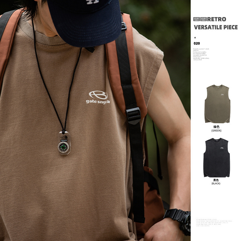 Han Road Men's Washed Cotton Sleeveless T-shirt Vest New Japanese Retro Trendy Brand Printed Loose Waistcoat Q