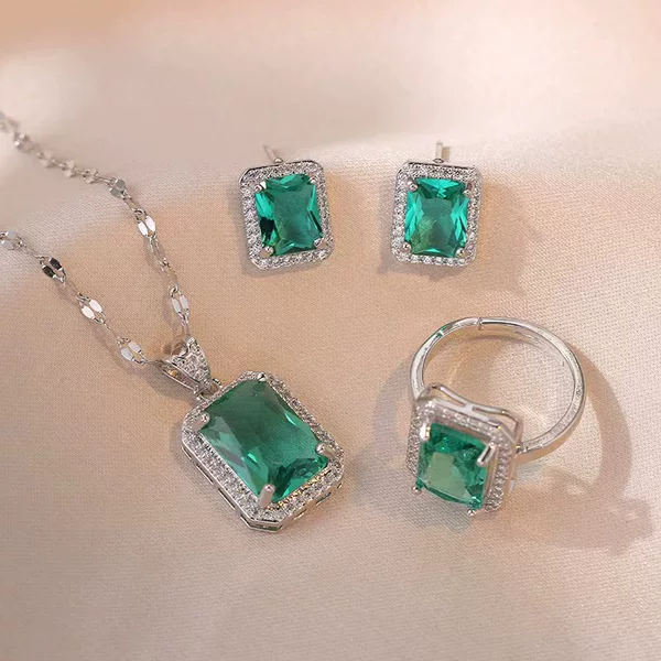 Jewelry Women's Lake Blue Geometric Gem Inlaid Necklace Earrings Ring suit Simple Light Luxury Titanium Steel Jewelry