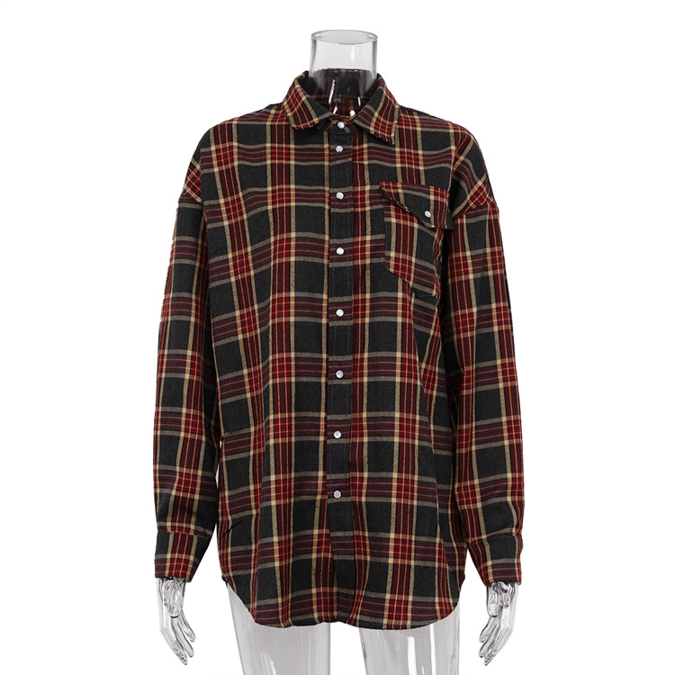 2024 nuevo Joker Plaid camisa otoño ropa de mujer europea y americana retro tendencia rejilla camisa suelta al por mayor image 7
