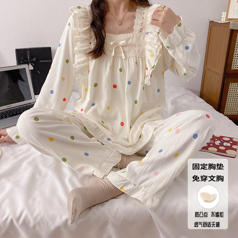 우유 거의 봄과 가을 긴팔 잠옷 여성 가슴 패드 안티 범프 구름 면화 공주 스타일의 가정 옷 세트