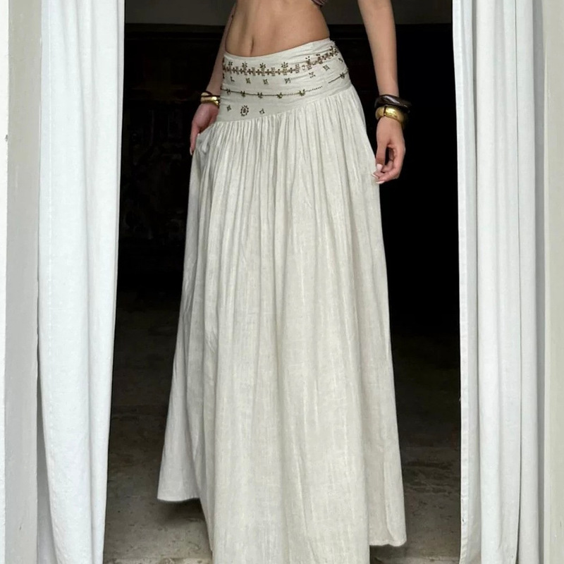 Rovente Bohemian Vacation Off-White A-Line Skirt Women's Summer Thin Skirt Holiday Retro Low-Waist Long Skirt Rovente Bohemian Vacation Off-White A-Line Skirt Women's Summer Thin Skirt Holiday Retro Low-Waist Long Skirt