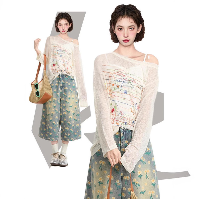 Translucent Thin Off-Shoulder Long-Sleeved T-Shirt for Girls Summer Printed Slightly See-Through Sun Protection Blouse Design Pure Lust Top