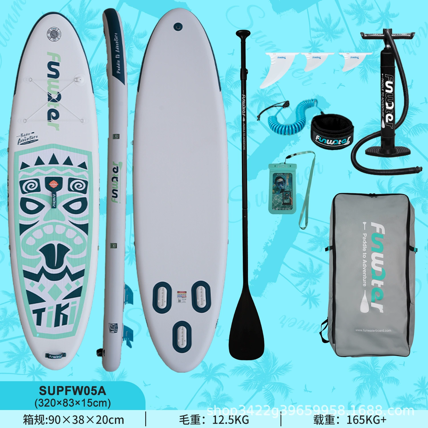 Надувная SUP доска (Inflatable), размеры 240–350×76–84×10–15 см, drop‑stitch, противоскользящая дека