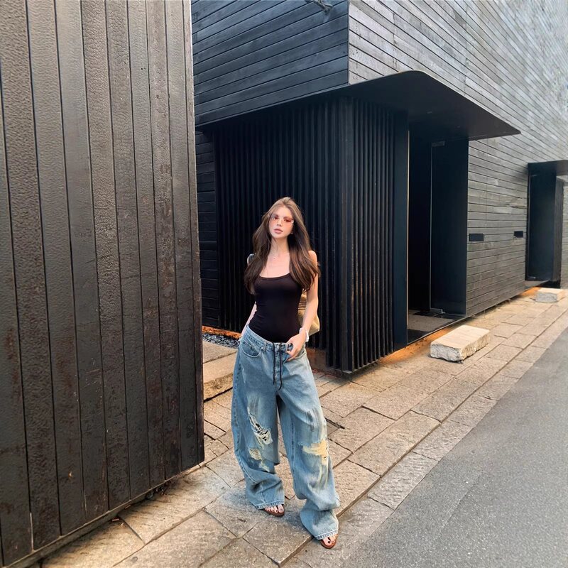 Real Shot of European and American Style U-Neck Low-Cut Camisole Jumpsuit for Women, American Retro High Street Ripped Loose Wide-Leg Jeans