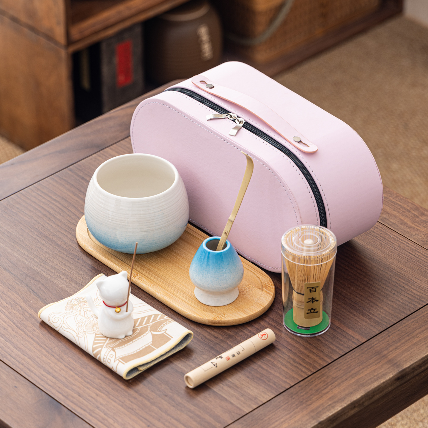 Cuenco de matcha corrugado caja de cuero set adorable gatito Xiangdao ocho piezas set punto té 100 tazas de té