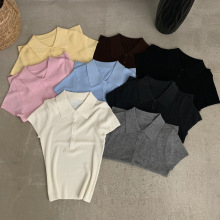 修身短袖韩系上衣显瘦针织衫高级细羊毛翻领短袖女装新款夏季