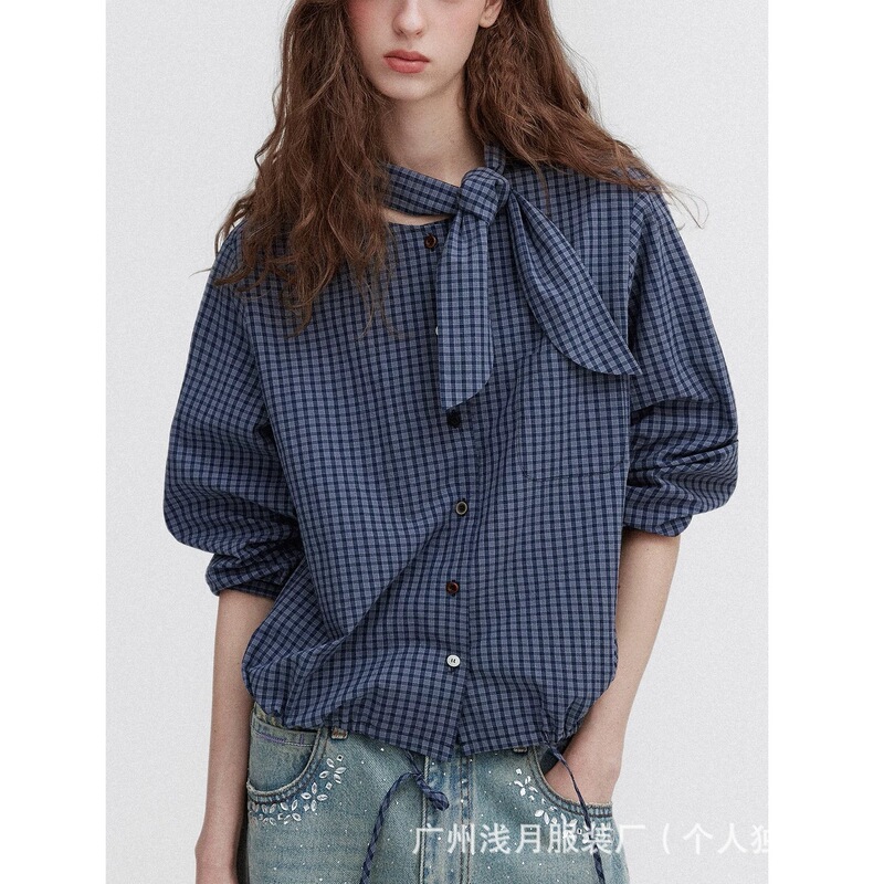Le Scandinavian Poetic'Crush' Romantic Plaid Color-Blocked Button-Up Drawstring Shirt for Women with Various Collar Styles Le Scandinavian Poetic'Crush' Romantic Plaid Color-Blocked Button-Up Drawstring Shirt for Women with Various Collar Styles