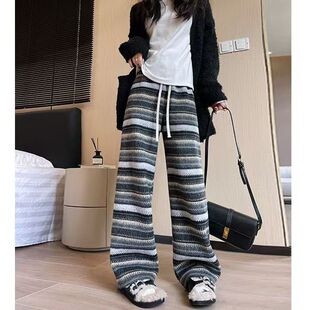 2025 Spring Festival Heavy Thickened Striped Woolen Pants Women's American Style Casual Lazy Style Dumping Wide Leg Pants Fashionable New