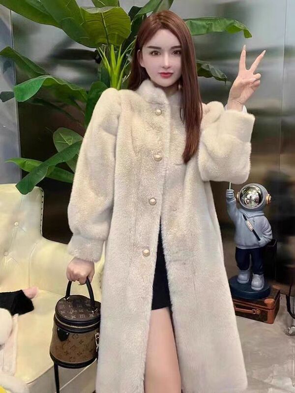 女性用の長い韓国スタイルのパフスリーブファーコート、長い毛皮のオールインワンの厚い模造ミンクベルベットの環境に優しい毛皮のコート|undefined