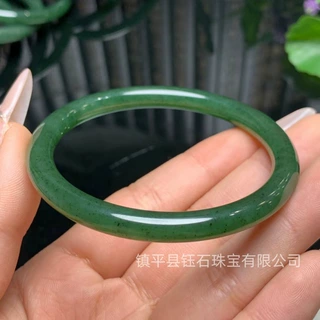 正品和田玉碧玉手镯玉镯子女款圆条手镯少女菠菜浅绿手镯天然玉石