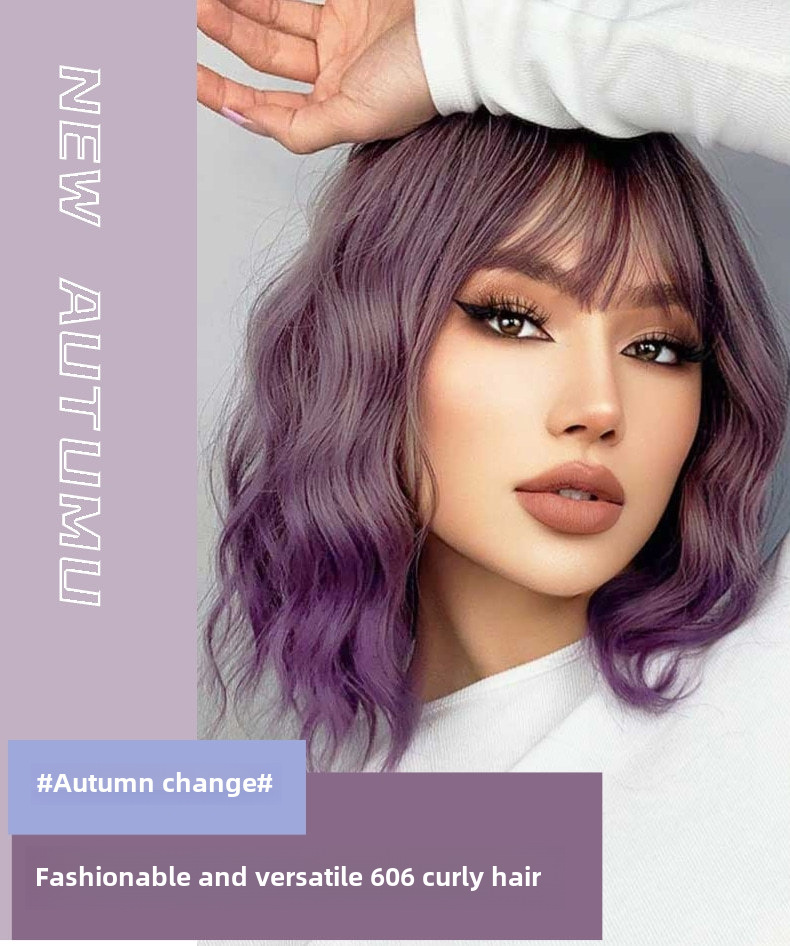 Synthetic Bob Wig Purple Gradient Short Curly Fringe Daily Party_voghion.com
