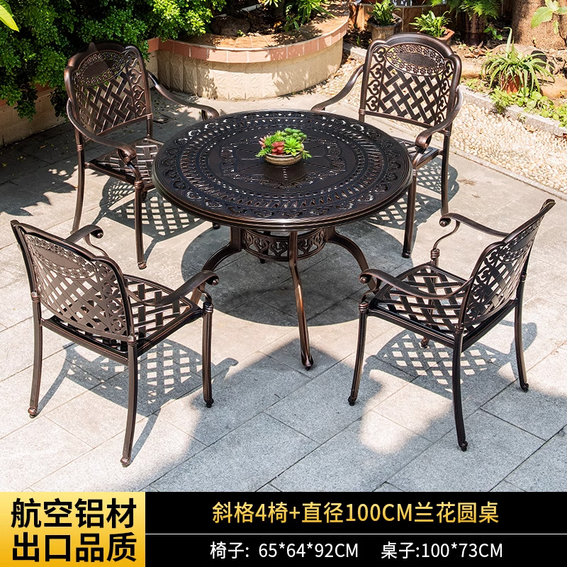 Mesa y silla al aire libre combinación de aluminio fundido patio jardín al aire libre impermeable y protector solar hierro forjado al aire libre mesa y silla de ocio conjunto