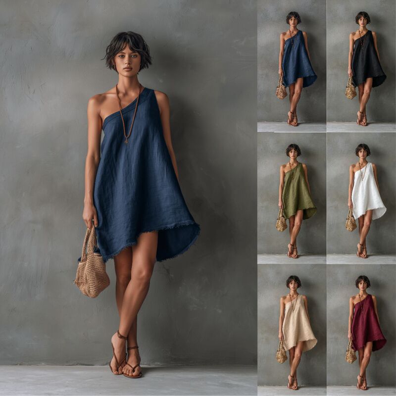 2026 Amazon Independent Site New Women's Clothing Minimalist Linen Blend One-Shoulder Sleeveless Fringed Mini Dress 2026 Amazon Independent Site New Women's Clothing Minimalist Linen Blend One-Shoulder Sleeveless Fringed Mini Dress