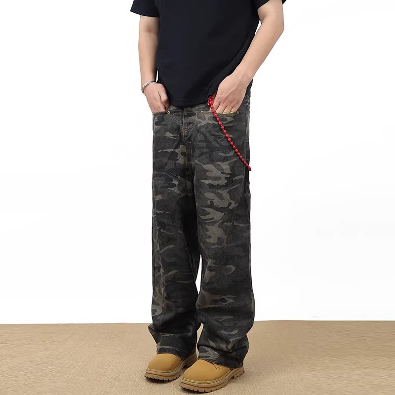 Men's Clothing Unisex Camouflage Print Jeans Loose Straight Leg Wide Leg Washed Distressed Vintage American High Street Style Trendy Clothing_mkmklike.com