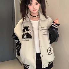 Pu皮アルファベット刺繍野球服コート女性春秋アメリカレトロゆるいカップルスタンド襟フライトジャケット上着