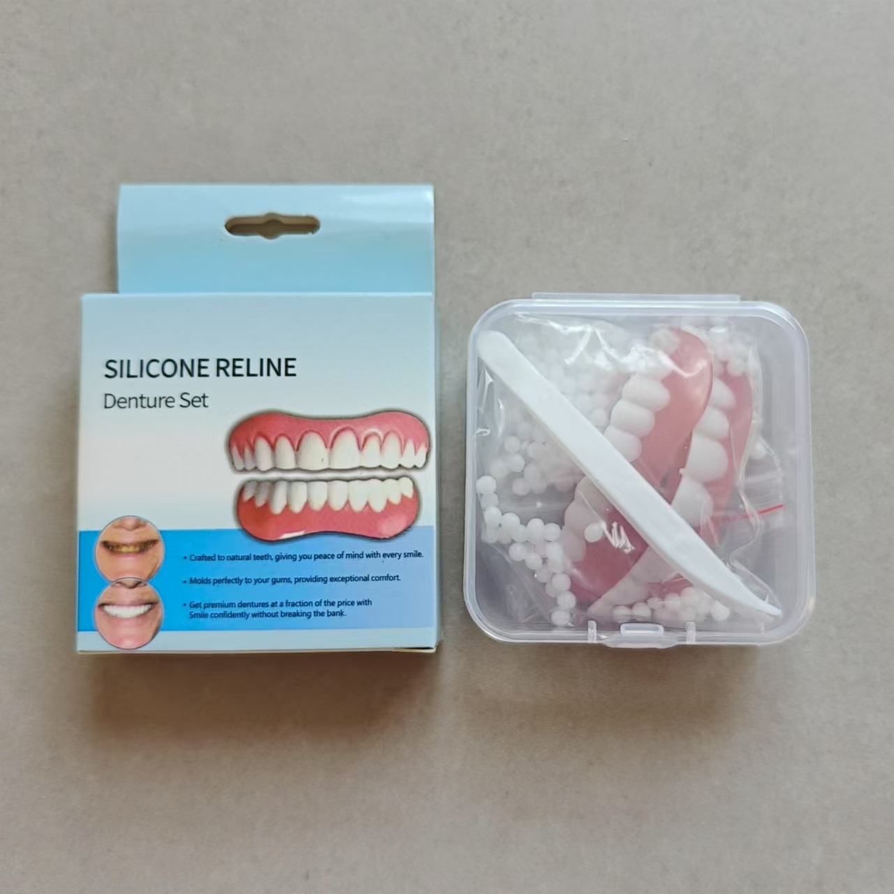 Dientes superiores e inferiores + goma de techo + caja transparente + fórceps + caja de color