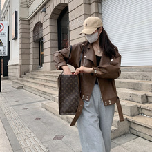 棕色皮衣外套女春季新款韩版宽松显瘦西装领机车服短款pu皮夹克潮