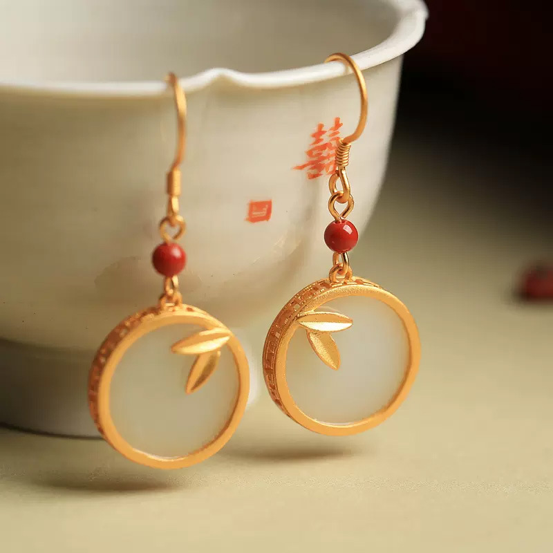 Hotan jade earrings women's ancient silver gold retro Chinese style antique jade bamboo earrings 2022 new tide