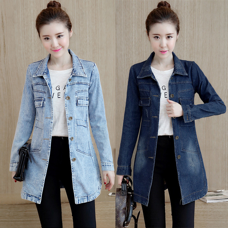 Women's Korean-style long-sleeved Denim coat slim-fit single-breasted mid-length trench coat