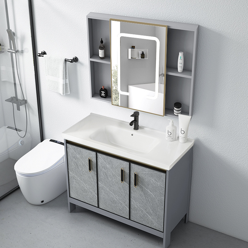 Baño de aluminio espacio gabinete de baño lavabo gabinete combinación de cerámica integrado lavabo gabinete moderno cuarto de baño mesa de lavado