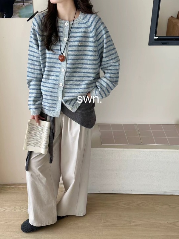 撞色条纹针织开衫女韩系外搭2025秋冬季新款圆领宽松毛衣外套上衣|undefined