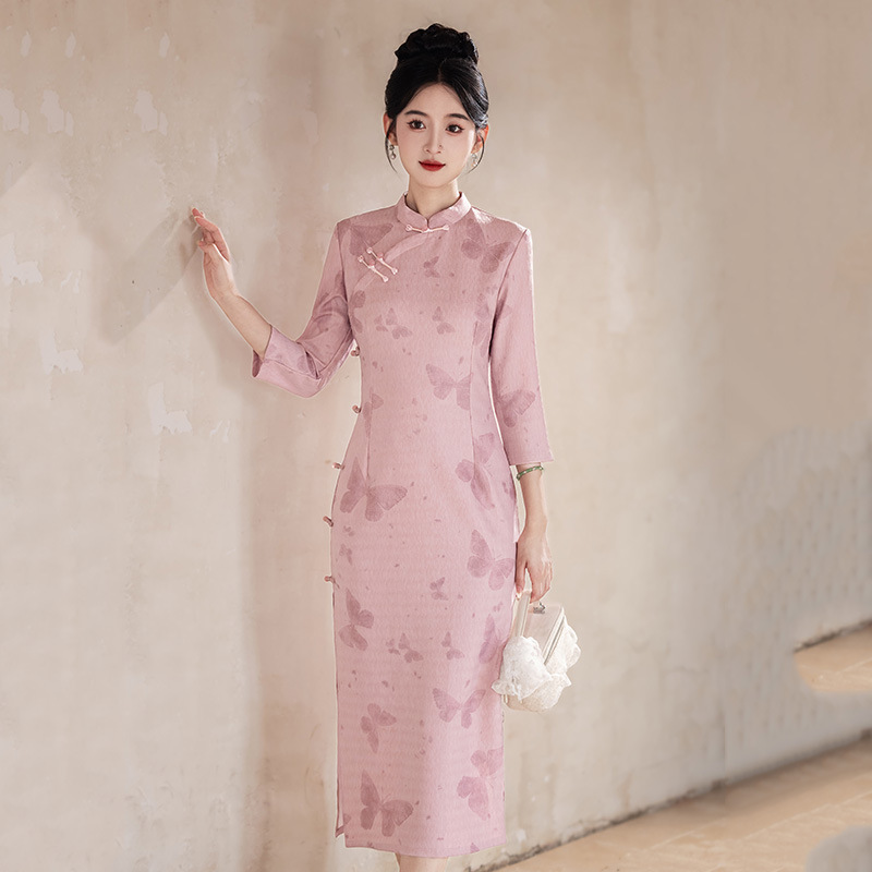 粉色蓝色国风新中式秋季长袖旗袍改良年轻款女复古修身收腰春秋装|undefined