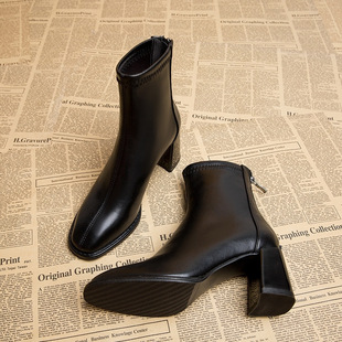High-heeled Thin Martins Boots Women's 2023 New Spring and Autumn Single Boots creamy-white Autumn and Winter Square Toe Chunky Heel Short Boots