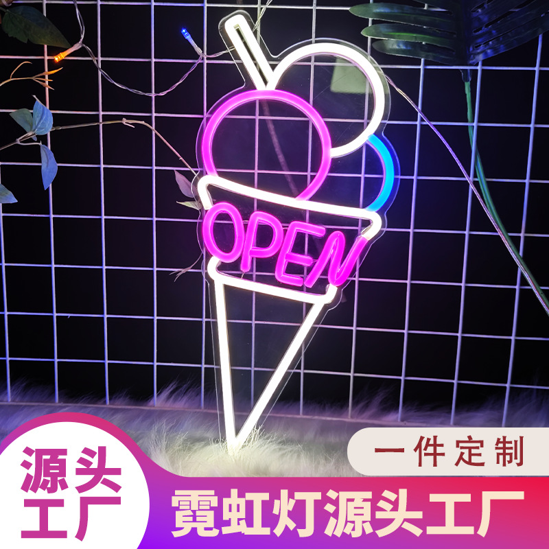 Neon LED illuminated billboards, trendy LED signs, night market milk tea and ice cream ambient lighting projections