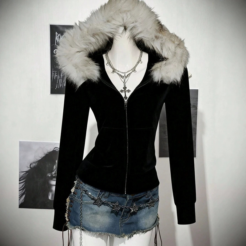 Y2K Millennium Style Large Fur Collar Jacket Slim Fit Waist-Cinching Slimming Black Hooded Zipper Short Cardigan Autumn Winter Top Y2K Millennium Style Large Fur Collar Jacket Slim Fit Waist-Cinching Slimming Black Hooded Zipper Short Cardigan Autumn Winter Top