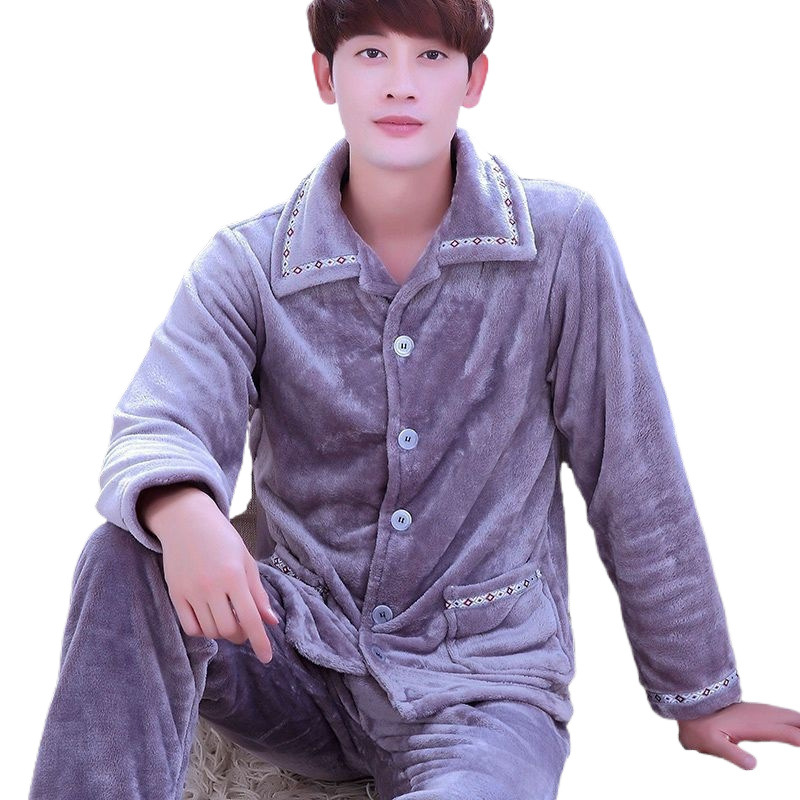 플란넬 잠옷 남성용 가정 의류 플러스 벨벳 두꺼운 산호 벨벳 정장 겨울 긴팔 가을, 겨울 카디건을 따뜻하게 유지